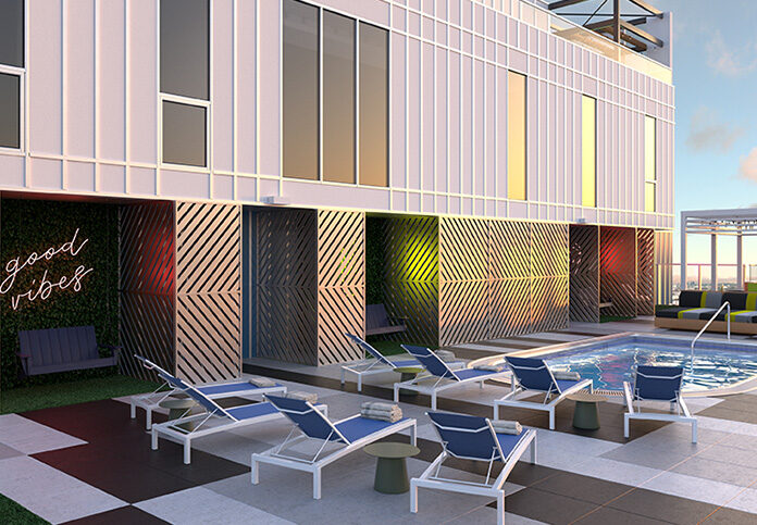 Rendering of poolside lounge chairs
