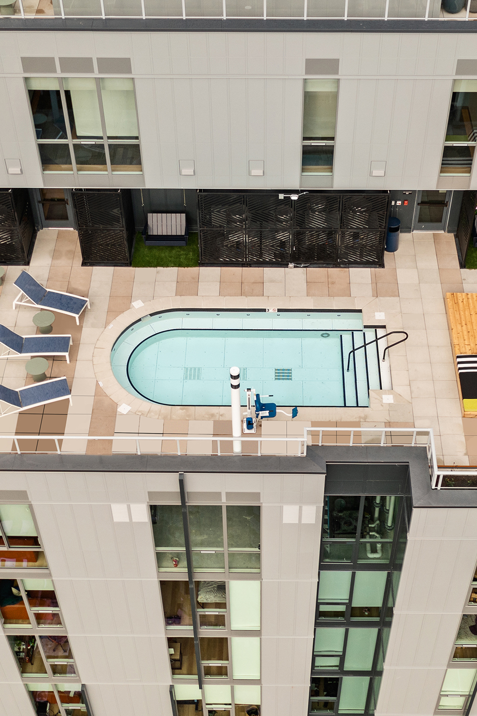 Aerial view of a rooftop swimming pool