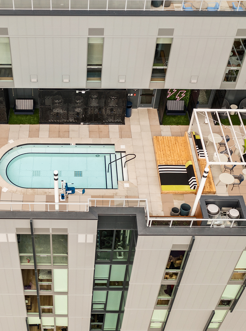 Aerial view of a rooftop pool