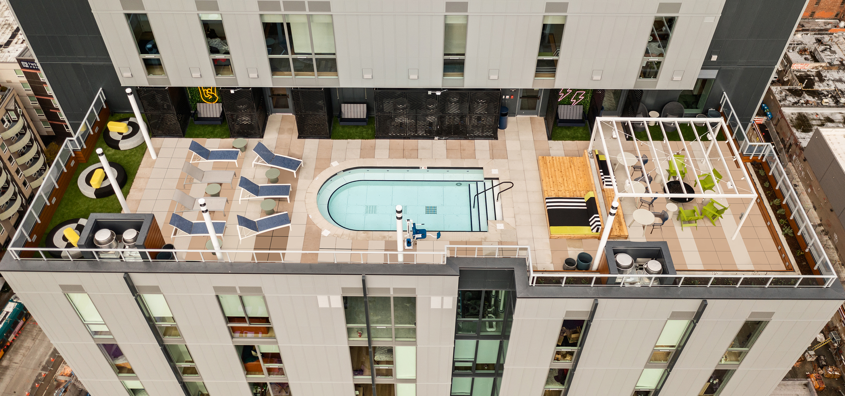 Aerial view of a rooftop swimming pool